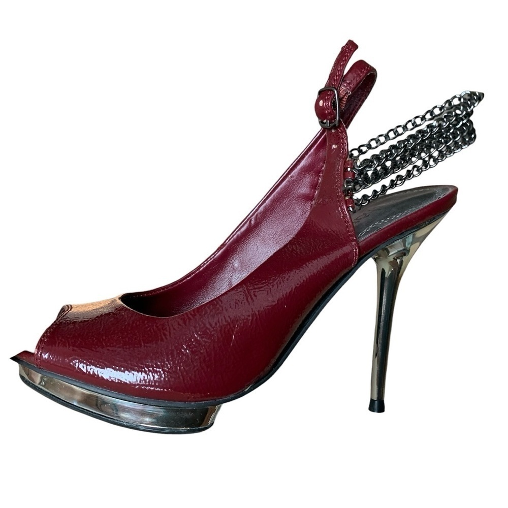 Le Chateau 8 Burgundy Faux Leather Peep Toe w/ Silver Heel & Multi-Chain Strap​
